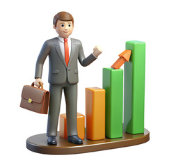 Poster - 3d businessman with growth bar chart represents business success on transparent background