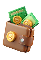 Poster - 3d rendering icon of brown wallet with dollar bills and coins on transparent background