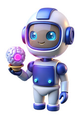 Poster - Cute robot character holding artificial intelligence brain 3d rendering isolated on transparent background