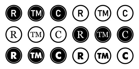 Poster - Registered trademark copyright icon set sign symbol black white isolated on transparent background legal intelectual protection trade patent identification