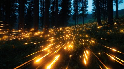Wall Mural - enchanted forest scene with glowing sparks illuminating the ground at twilight