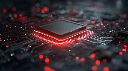 Poster - Abstract Red Glowing Circuit Board Technology Background Digital Modern HighTech Powerful Innovation Futuristic Electronic Microchip Processor Design Illustration Graphic Art 3d   