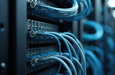 Poster - Close-up of network cables connected to server racks in modern data center room. Blue optic fiber cables connect server hardware. Tech, connection, cyberspace, information transfer concept.