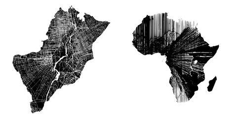 Poster - Unique icon set featuring detailed maps of a region and the continent of Africa in a black and white design