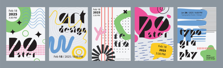Poster - Minimalism geometric poster cover set. A4 banners with brutalism simple forms, trendy acid, bold textured shapes, dots grid, more. Modernism art design with Y2K aesthetics. Vector illustration.
