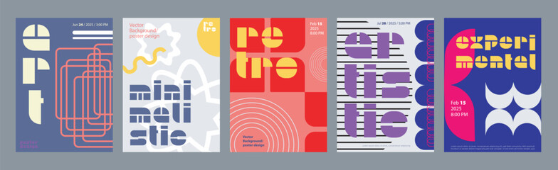 Poster - Minimalism geometric poster cover set. A4 banners with brutalism simple forms, line square grids, abstract stars, flowers, groovy shapes. Modernism art design with Y2K aesthetics. Vector illustration.