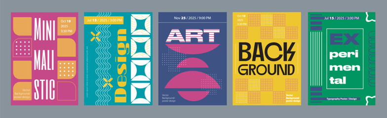 Poster - Minimalism geometric poster cover set. A4 banners with brutalism shapes, mosaic pattern with square figures, bright groovy ornaments. Modernism art design with Y2K aesthetics. Vector illustration.