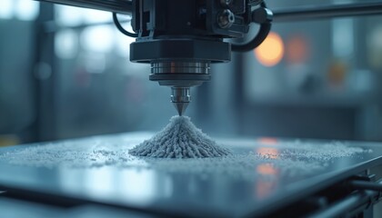 Poster - 3D printing process. Additive manufacturing technology to improve industrial production. CNC machine, close-up. New tech, innovative approach. 3D printer creates models with layer-by-layer material