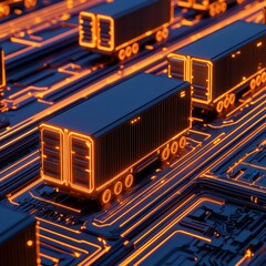 Poster - futuristic digital landscape with cargo containers illuminated in neon colors on a circuit board sur