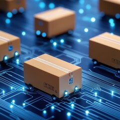 Poster - Modern Delivery Network with Cardboard Boxes on Digital Background and Bright Blue Neon Lights