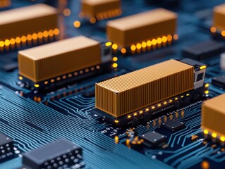 Poster - Conceptual representation of technology and logistics with shipping containers on a circuit board backdrop
