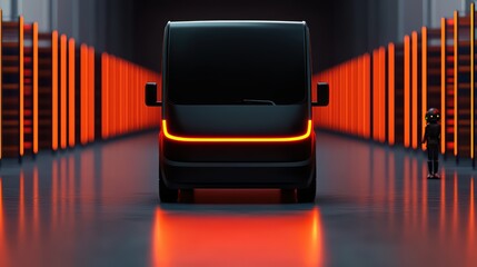 Poster - Futuristic Delivery Van in Dark Warehouse with Neon Orange Accents and Humanoid Figure in Modern Environment