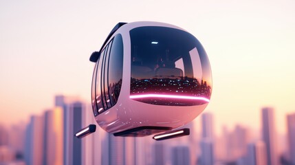 Poster - Futuristic aerial transportation pod flying over a modern city skyline at sunset with a vibrant color palette
