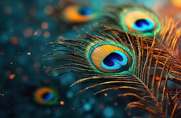 Poster - vibrant illustration of peacock feathers. bright colors in abstract background with bokeh lights. fe