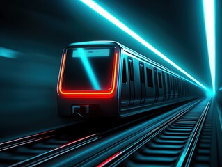 Poster - Futuristic subway train in high-speed motion with glowing blue lights and sleek modern design in urban setting