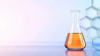 Poster - laboratory flask with orange liquid and honeycomb background in soft light for scientific research a