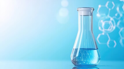 Poster - Laboratory Flask with Clear Liquid Against Soft Blue Background and Abstract Chemical Structures