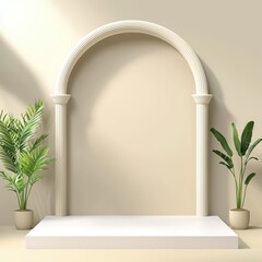Poster - Elegant minimalistic display area with arch, columns, green plants, and neutral background for modern decor