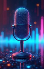 Poster - Illustration of futuristic microphone hologram against digital sound wave background. Microphone in blue purple neon light colors represents audio tech, voice recording, podcast, AI, vocal, sound