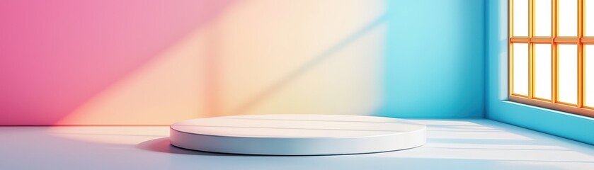 Poster - bright and colorful interior space with a round platform and large window providing natural light