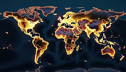 Poster - Glowing world map at night highlights continents cities, interconnected civilization. Global connection, representing communication, network, travel. Representing globalization, international