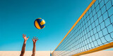 Beach volleyball game with net and ball under clear blue sky day