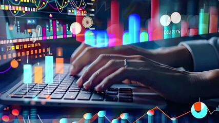Aufkleber - Engaging in data analysis with stock market trends on a laptop in a modern workspace during nighttime hours