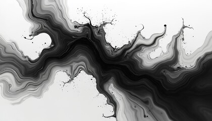 Leinwandbilder - Abstract black ink splash on white background. Monochrome art with fluid, flowing design. Ink drops and waves. Minimalist graphic for modern art, tech and eco projects.