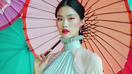 Aufkleber - Captivating fashion portrait of a model holding lipstick under colorful umbrellas in vibrant setting
