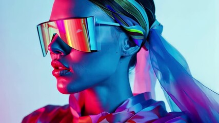 Poster - Colorful futuristic portrait of a model wearing oversized sunglasses against a vibrant background