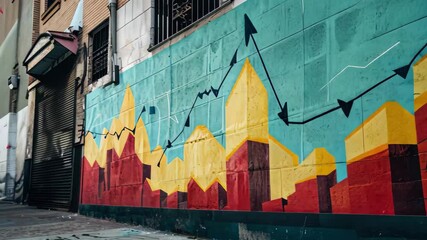 Aufkleber - Colorful urban mural depicting a dynamic growth chart with vibrant design elements on a city wall in bright sunlight