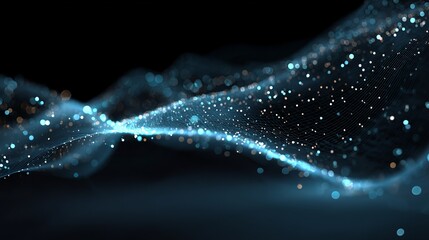 Poster - Abstract Blue Particle Wave Background Digital Art Modern Technology Design Futuristic Network Elegant Shiny Glowing Light Effects Smooth Flowing Curves Dark Background Digital    