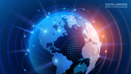 Poster - Dark blue vector background. Planet Earth. Abstract technological rings in the orbit of the planet. Global communication system and communication satellites. Religious image. The effect of movement.