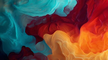 Poster - Abstract Fluid Art Painting Red Orange Teal Swirls Background Texture Digital Design Modern Artistic Wallpaper Vibrant Color Gradient Smooth Flowing Lines Decorative Image High    