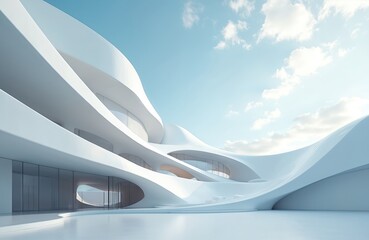 Poster - Abstract white architecture design against blue sky with clouds. Modern futuristic building with curved lines, shapes, forms. Minimalist exterior facade, daytime sunny weather design with windows.