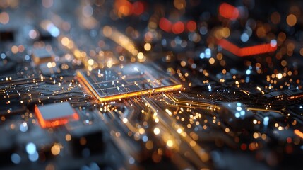 Poster - Abstract Technology Background Digital Circuit Board Glowing Orange Lines Modern Futuristic Design High Tech Innovation Electronic Microchip Computer Hardware Processing Unit      
