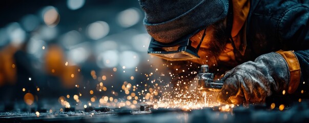 Poster - Worker in a factory environment using tools and producing sparks
