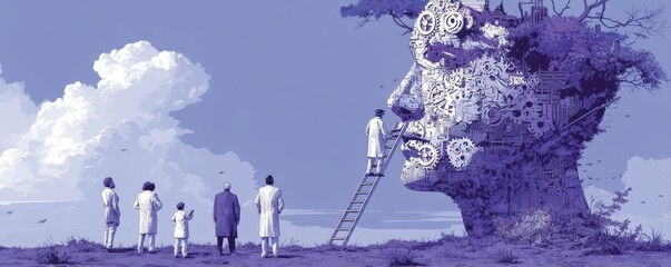 Poster - Scientists examining a mechanical nature-inspired head structure under a vibrant sky