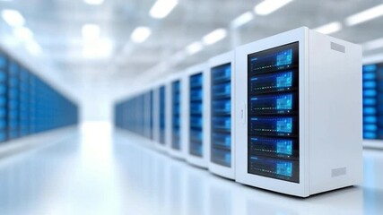 Aufkleber - Digital Data Center: A clean, futuristic data center interior showcasing rows of servers, illuminated by a soft, inviting light. Symbolizing the backbone of the modern digital world.