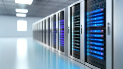 Aufkleber - Server Room: A futuristic server room with rows of high-tech server racks. A perspective view emphasizes the scale and importance of data storage and processing.