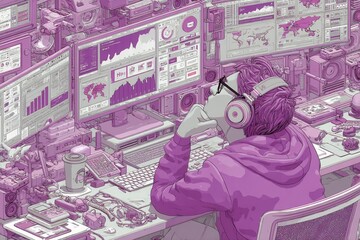 Poster - Isometric vector illustration of a data analyst using multiple screens in purple tones