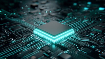 Poster - Abstract Technology Background Futuristic Circuit Board Design Digital Microchip Processor Modern Glowing Teal Lines High Tech Innovation Electronic Hardware Computer Graphic      
