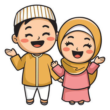 Happy Ramadan Kareem vector,Cute muslim boy and girl. Happy Ramadan, Happy Fasting Day. Selamat Hari Raya Aidilfitri greeting card cartoon character.