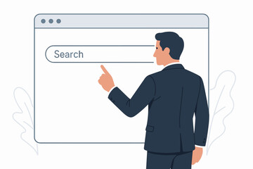 Aufkleber - Professional businessman in suit pointing finger at internet browser search bar, concept for web data search, online information retrieval, and digital navigation interface vector.