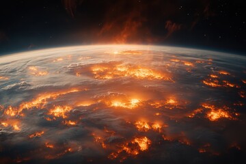 Poster - Luminous orange clouds glow over Earth, depicting an otherworldly atmosphere from space during a cosmic event with vibrant light effects and intricate details
