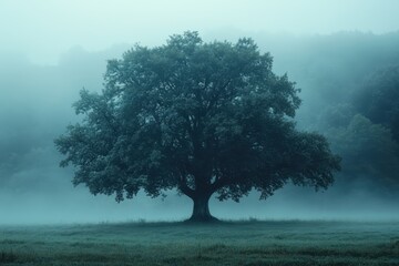 Aufkleber - Majestic tree standing alone on a hillside surrounded by morning mist at dawn in a serene landscape
