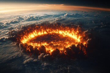 Poster - Luminous orange clouds glow over Earth, depicting an otherworldly atmosphere from space during a cosmic event with vibrant light effects and intricate details