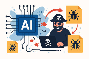 Aufkleber - Flat vector illustration of a pirate hacker launching a cyber attack with malware bugs and viruses against an AI processor chip, depicting cybersecurity threats and system vulnerabilities.