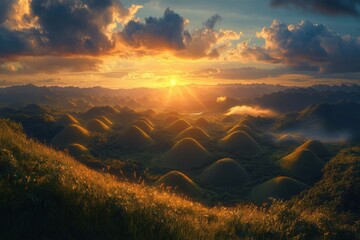 Poster - Sunset casts glowing light over rolling hills and valleys in a serene landscape filled with mist and dramatic clouds