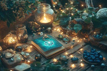 Aufkleber - Colorful crystals and decorative items displayed on a rustic surface in a serene setting with soft light and natural elements showcasing tranquility